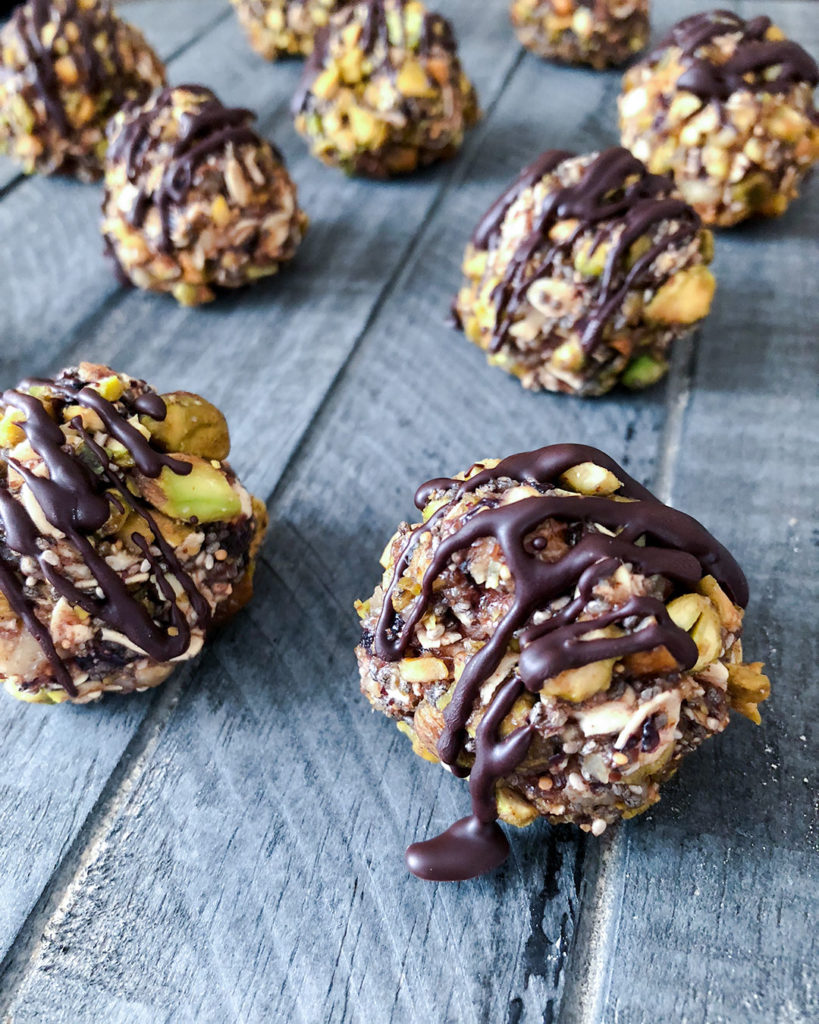 Fig and Pistachio Blissful Bites drizzled with chocolate