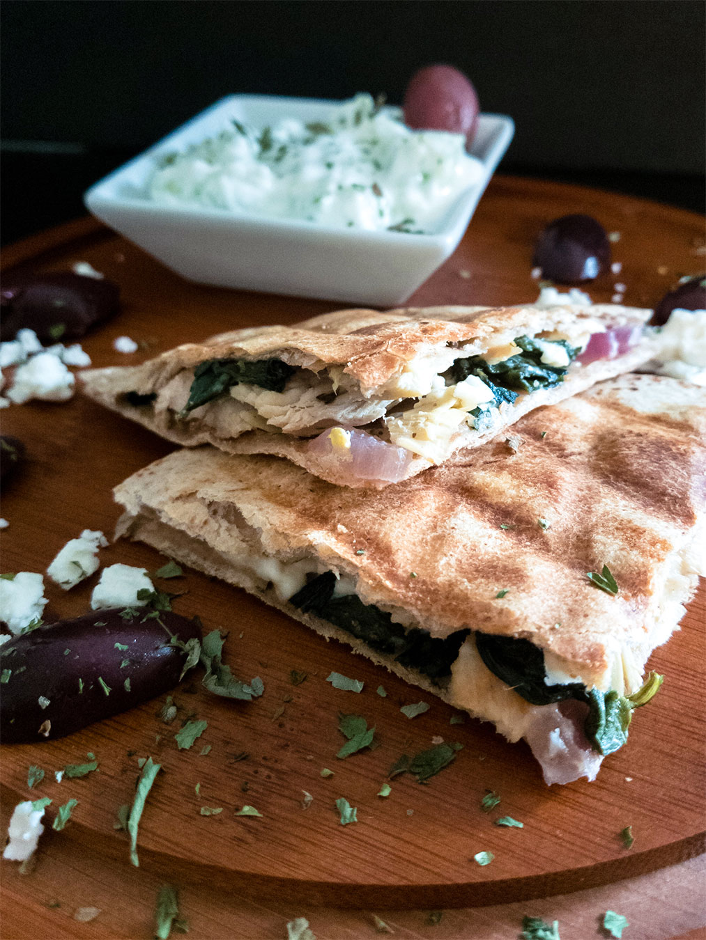 Mediterranean quesadillas with tzatziki sauce on the side