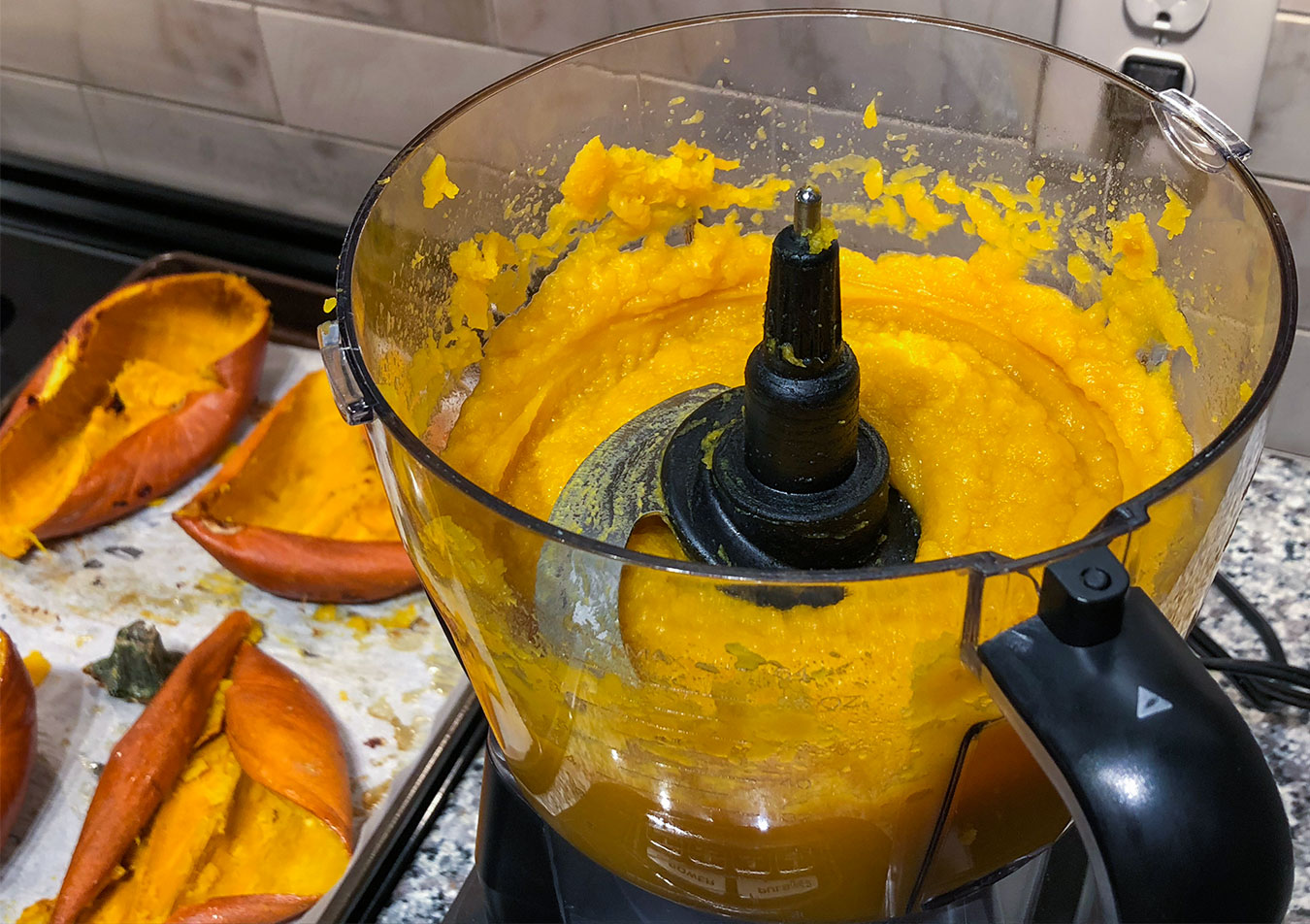 cooked pumpkin flesh blended in a food processor