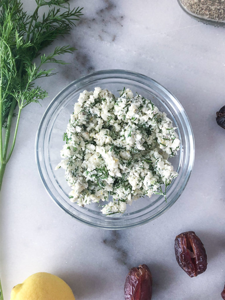 Feta cheese filling mixture in a bowl