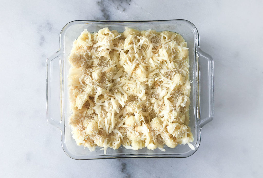Healthier Mac & Cheese in a baking dish before going in the oven