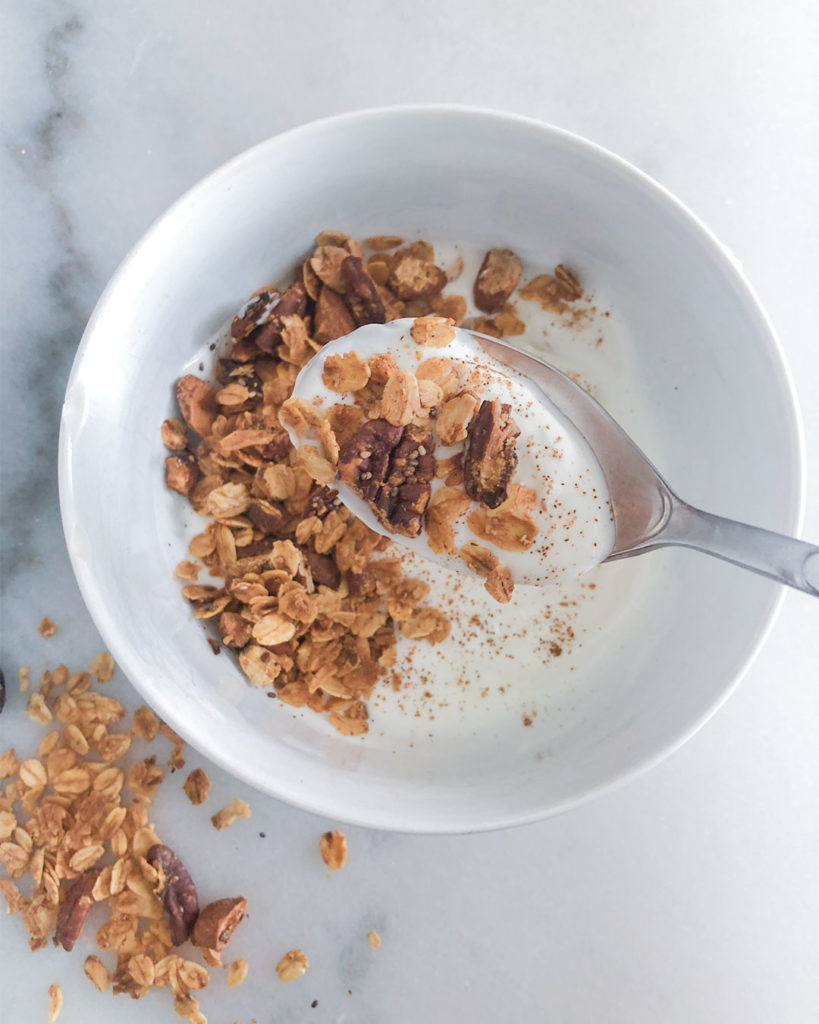 Heart Healthy Granola in a bowl with Greek yogurt and cinnamon
