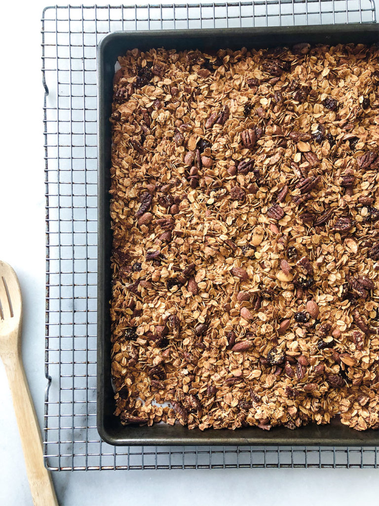 Heart Healthy Granola on a baking dish after cooking in the oven