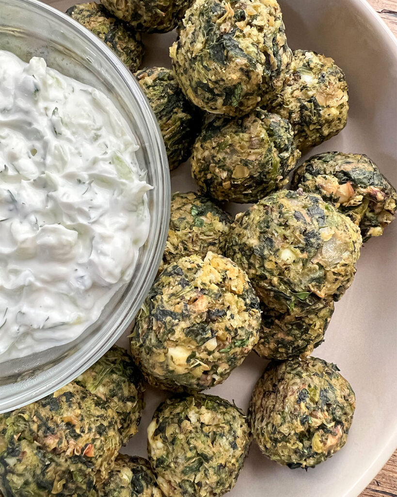 Lentil meatballs with a side of tzatziki dipping sauce