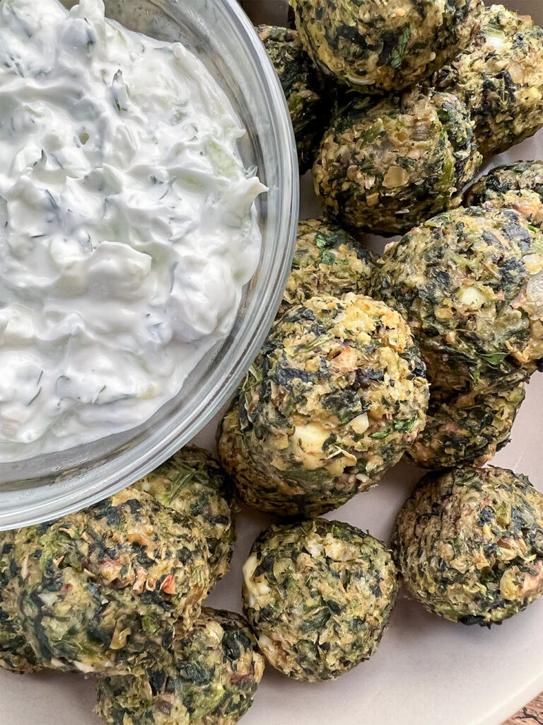 lentil meatballs with a side of tzataiki sauce