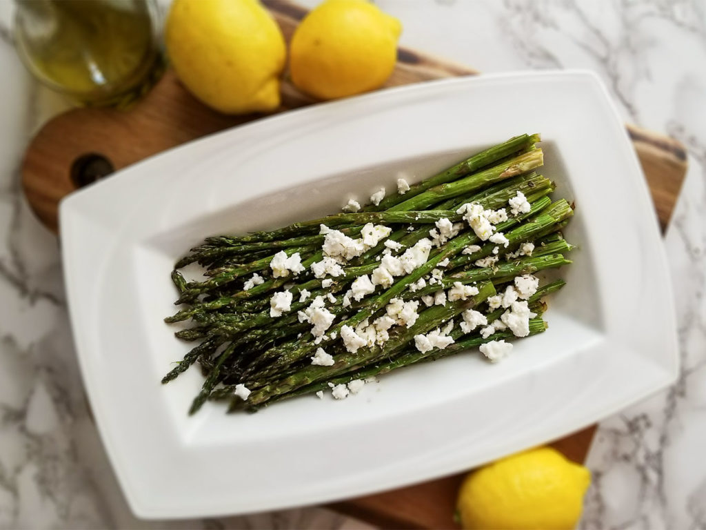Roasted Asparagus with Feta on a serving plate