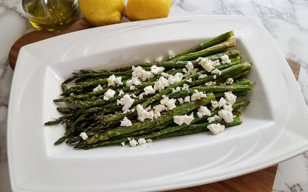Roasted Asparagus with Feta on a serving plate