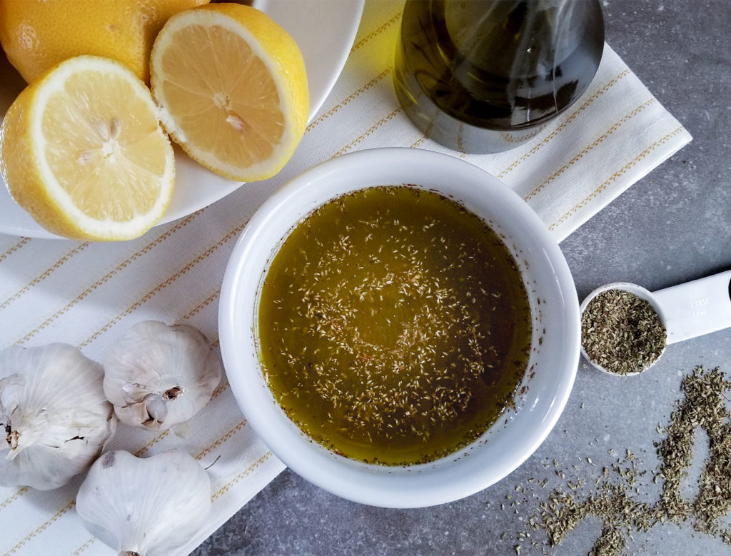 Latholemono with olive oil, lemons, garlic and herbs