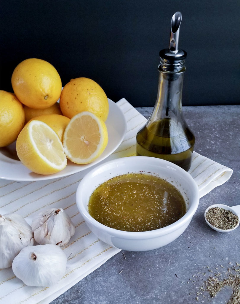 Latholemono with olive oil, lemons, garlic and herbs