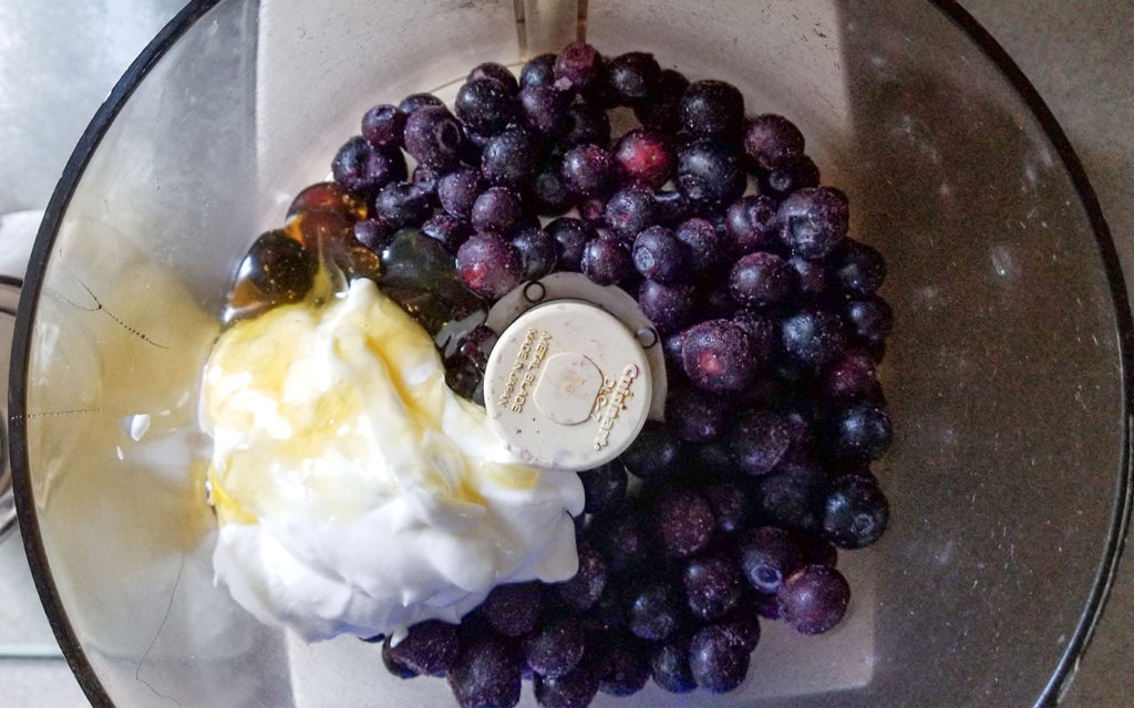 frozen blueberries, yogurt and honey in a food processor
