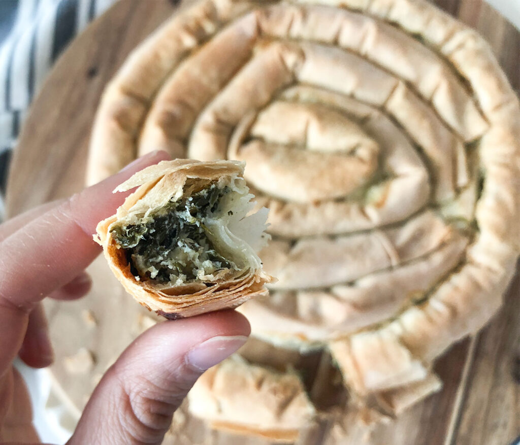 Spanakopita Swirl on a cutting board