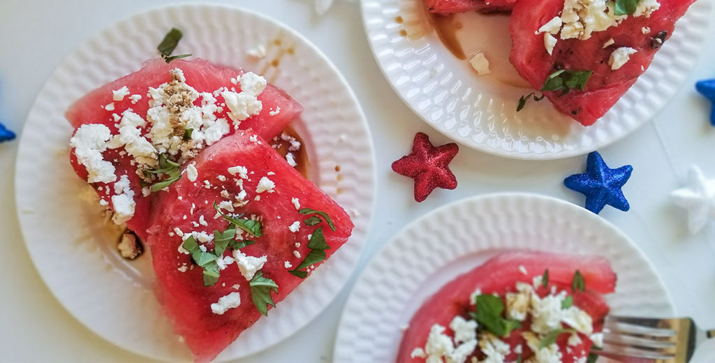 Grilled Watermelon with Feta topped with fresh basil