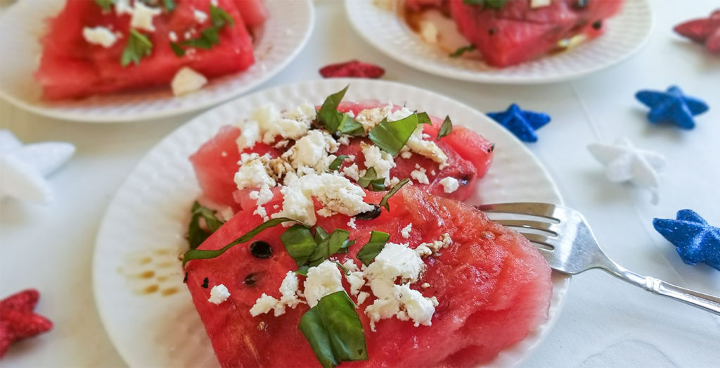 Grilled Watermelon with Feta topped with fresh basil