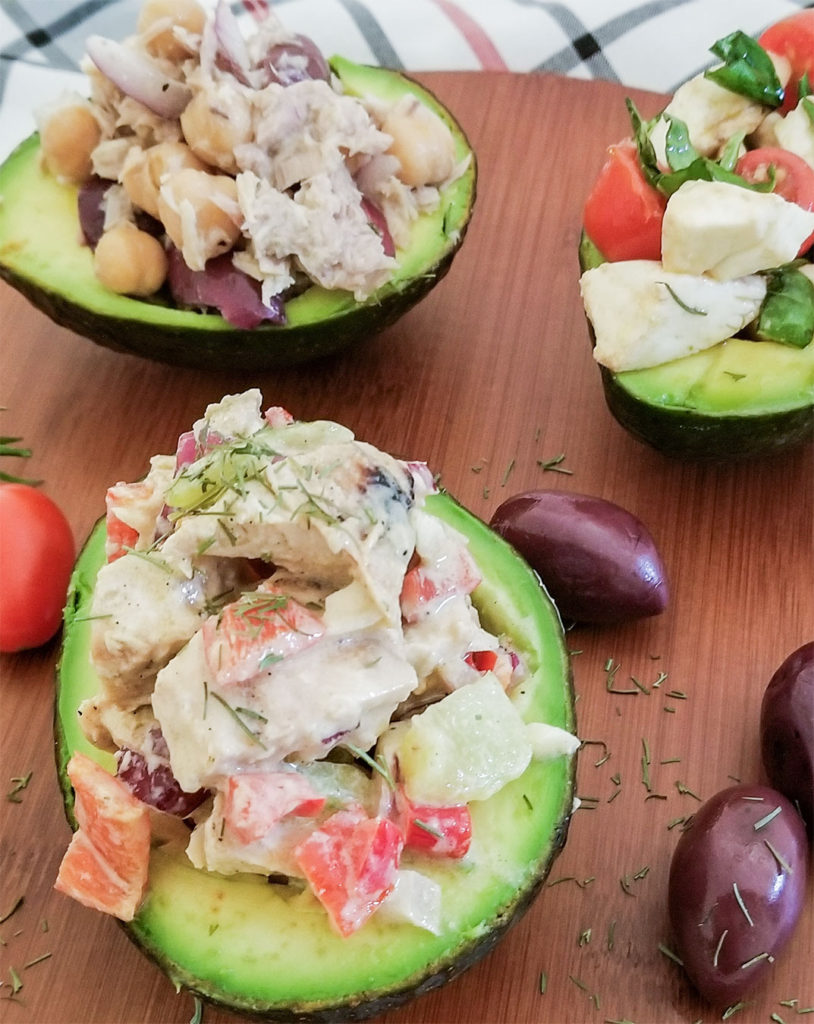 Avocados stuffed with three different fillings