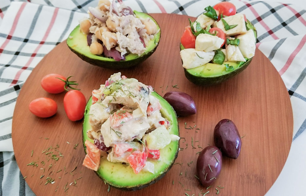 Avocados stuffed with three different fillings