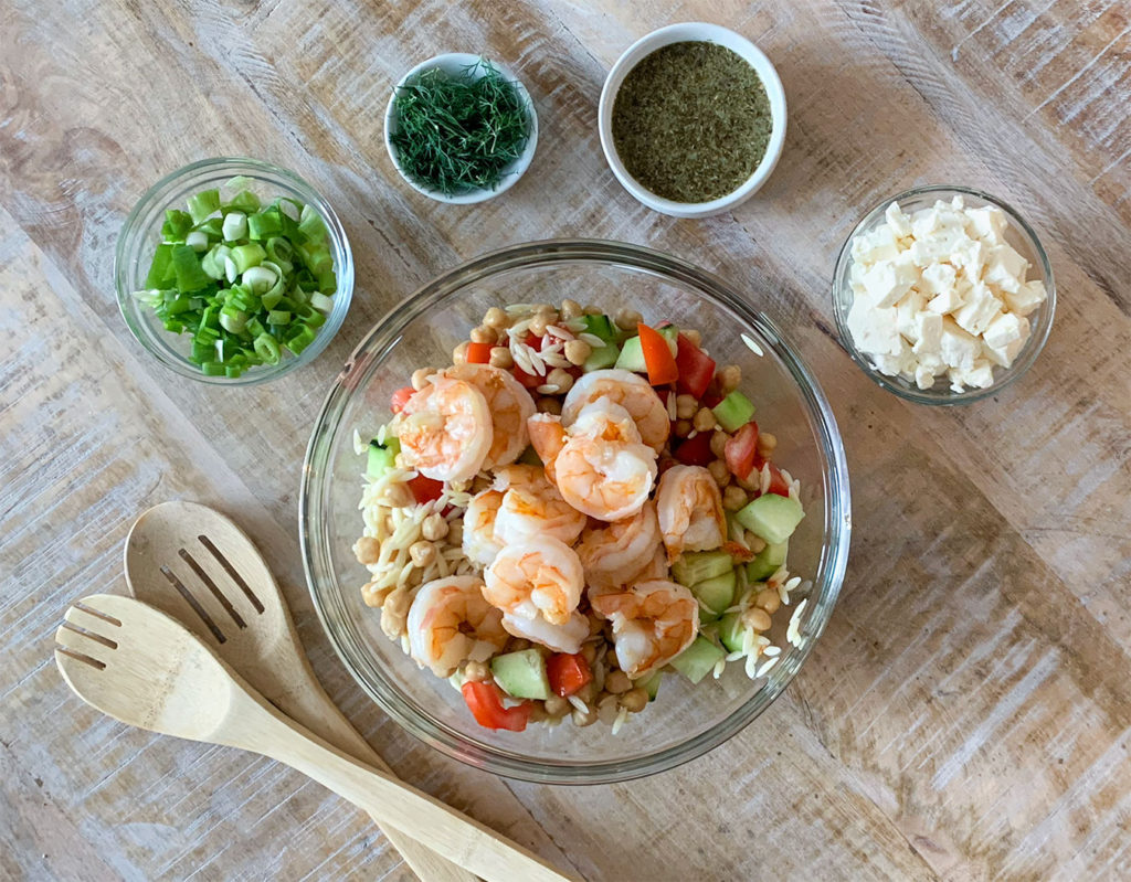 Mediterranean Shrimp & Orzo Salad ingredients being assembled