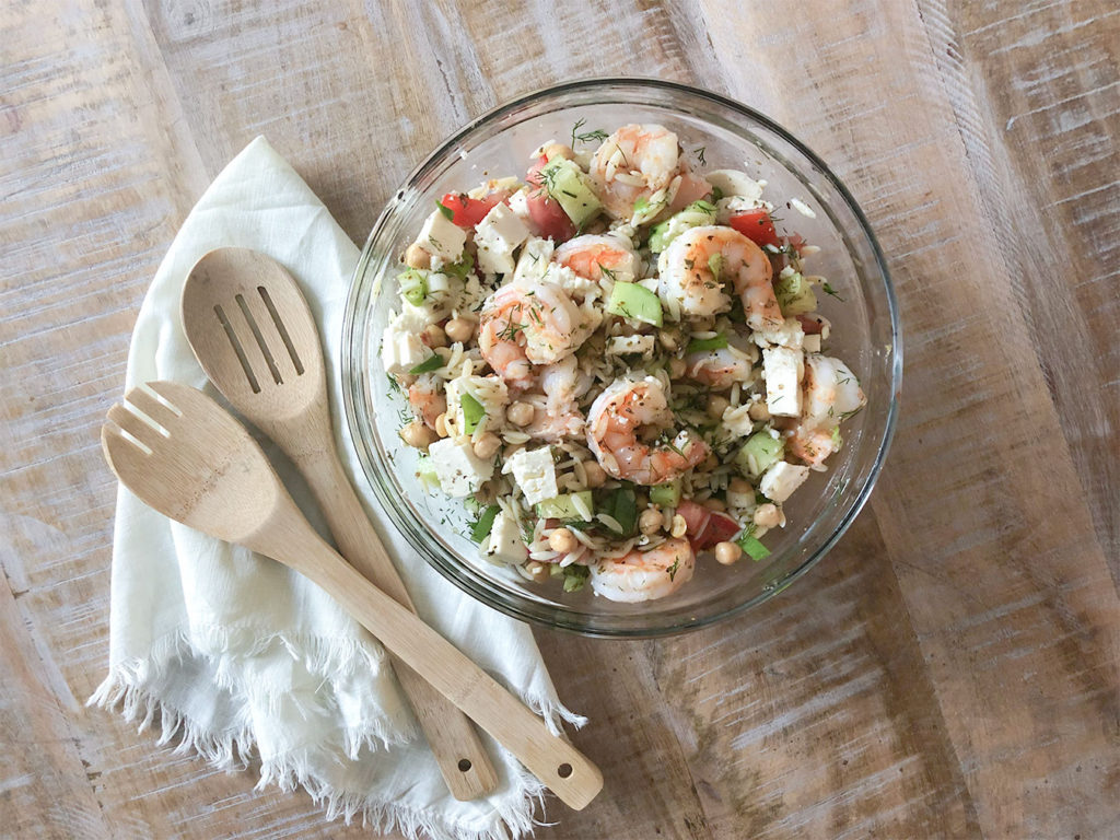 Mediterranean Shrimp & Orzo Salad in a serving bowl