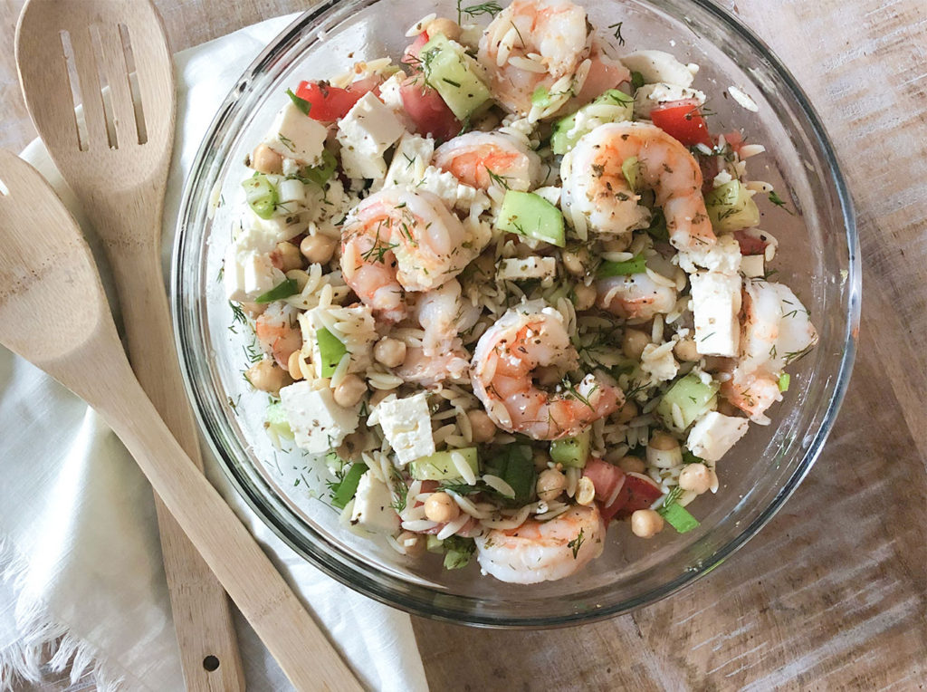 Mediterranean Shrimp & Orzo Salad in a serving bowl