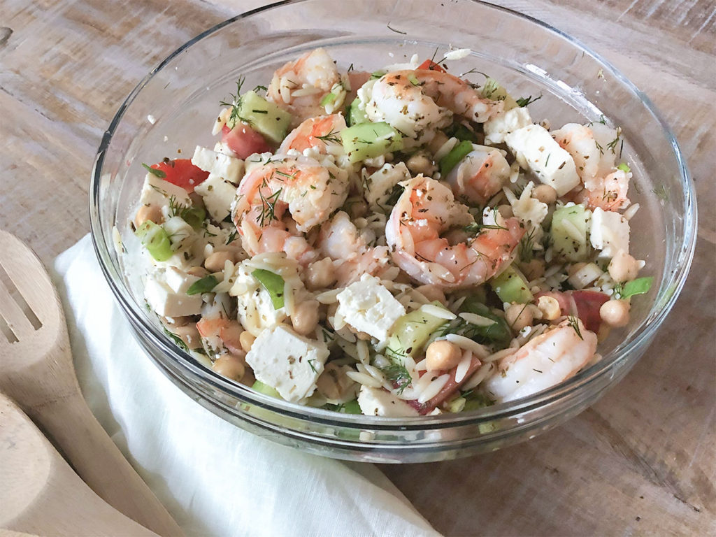 Mediterranean Shrimp & Orzo Salad in a serving bowl