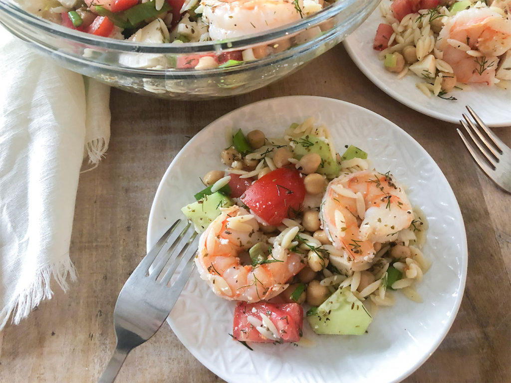 Mediterranean Shrimp & Orzo Salad on a plate