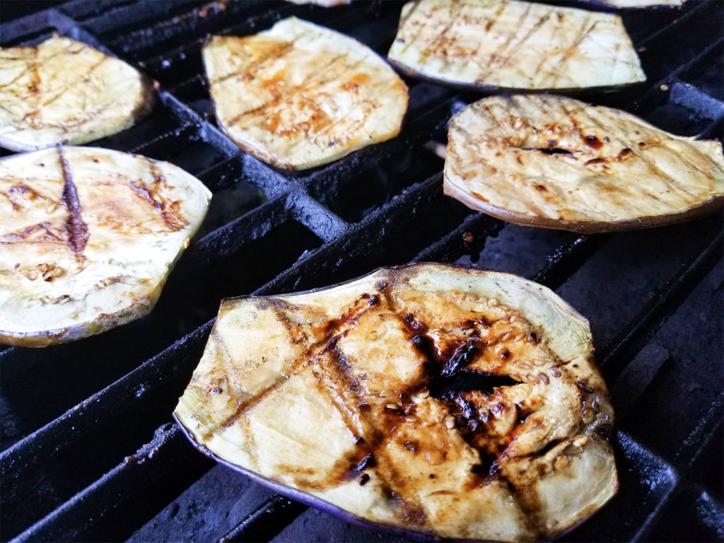 sliced eggplant on a grill
