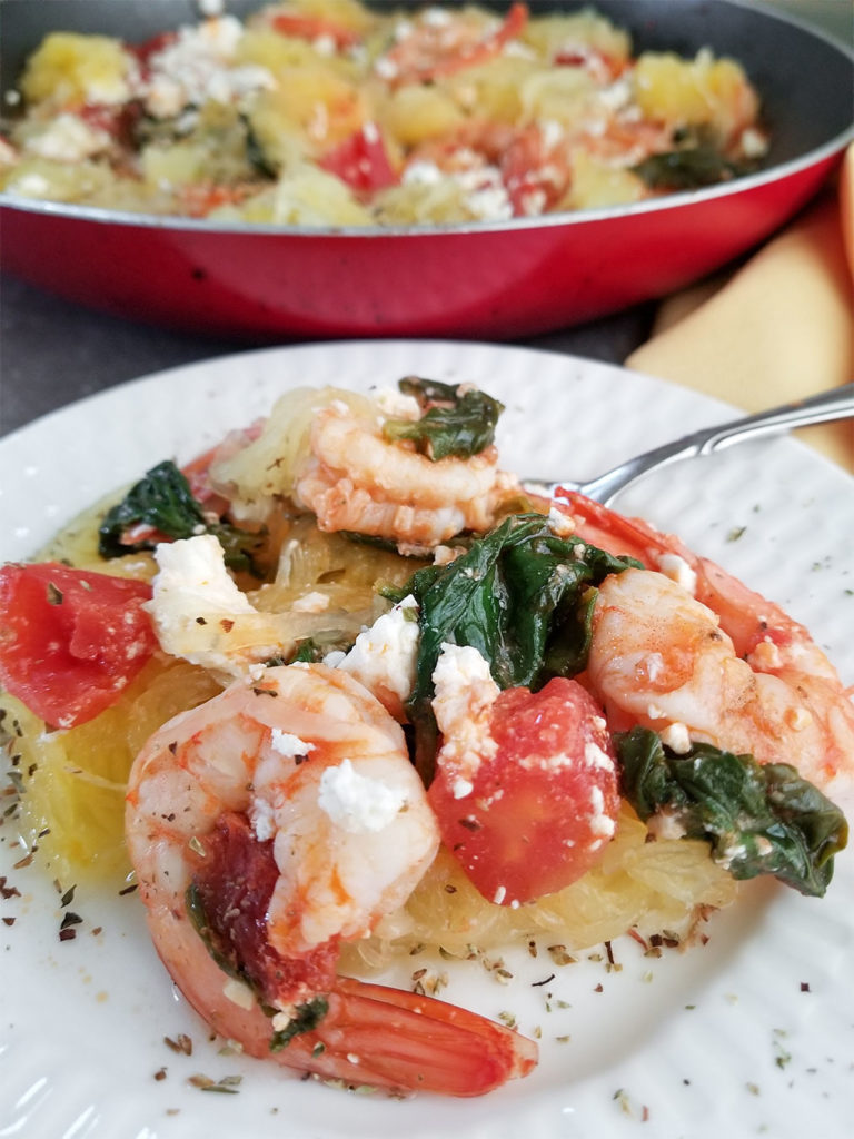 Mediterranean Spaghetti Squash with Shrimp on a plate