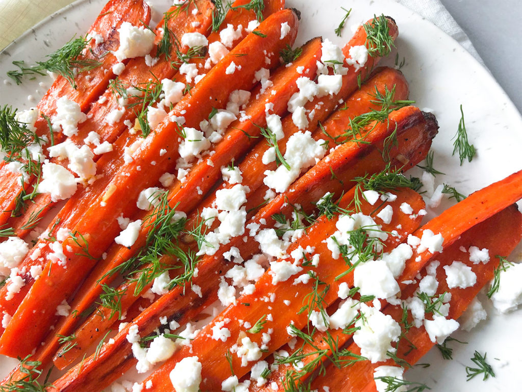 Roasted Carrots topped with Feta cheese and fresh dill