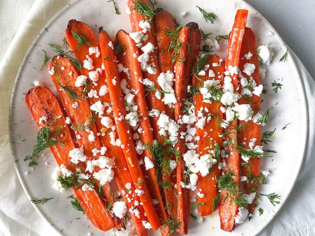 Roasted Carrots topped with Feta cheese and fresh dill