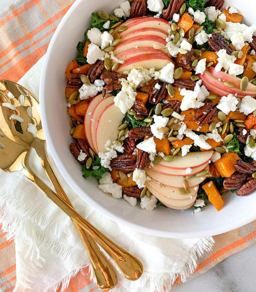 Warm Kale Salad with apples, pecans, feta cheese and more
