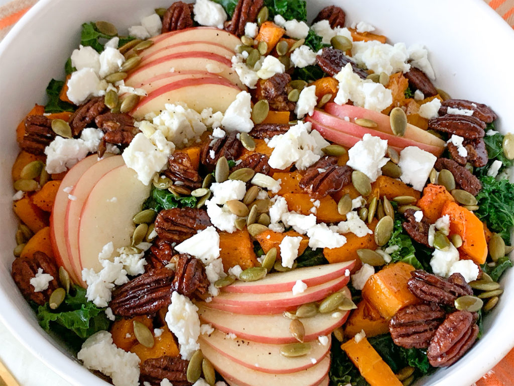 Warm Kale Salad with apples, pecans, feta cheese and more
