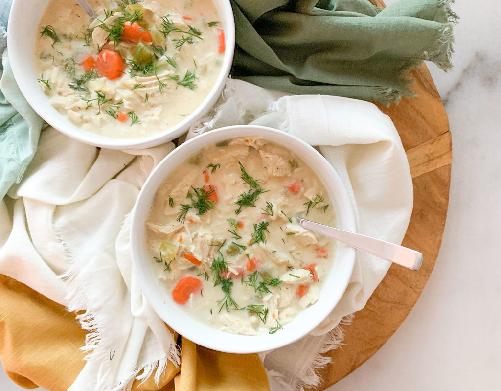 Avgolemono - Greek Lemon Chicken Soup in serving bowls