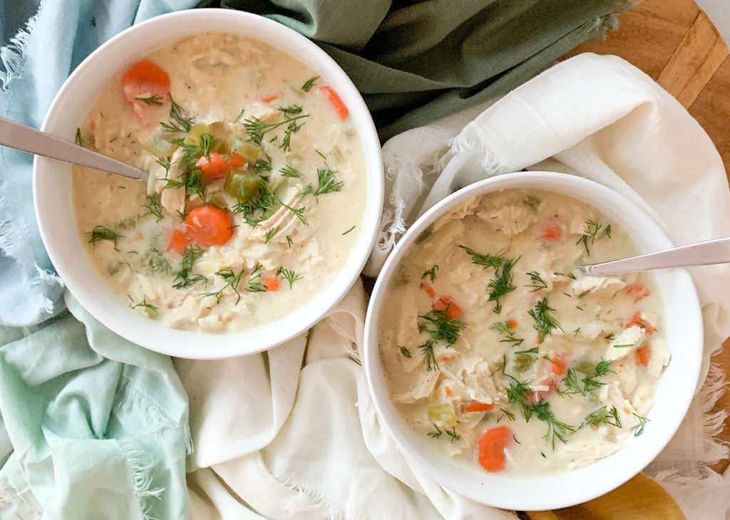 Avgolemono - Greek Lemon Chicken Soup in serving bowls