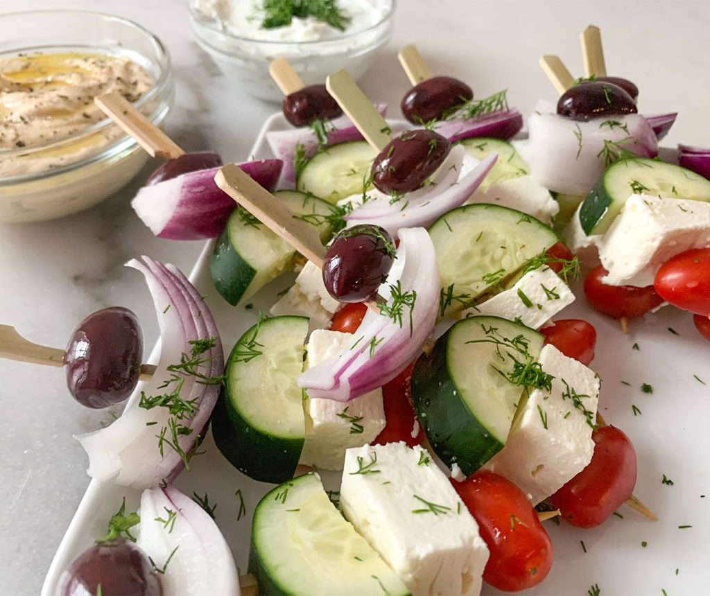 Greek Salad Kebabs with hummus and tzatziki