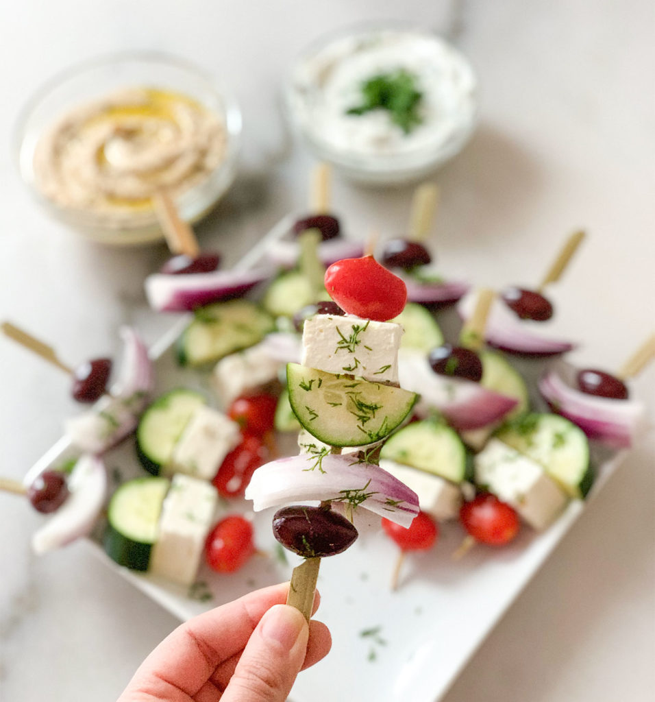 Greek Salad Kebabs with hummus and tzatziki