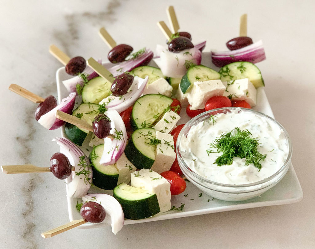 Greek Salad Kebabs with tzatziki and dill