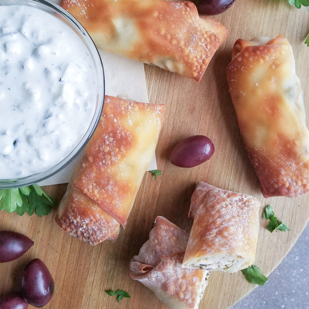 Mediterranean Inspired Egg Rolls with tzatziki sauce on the side