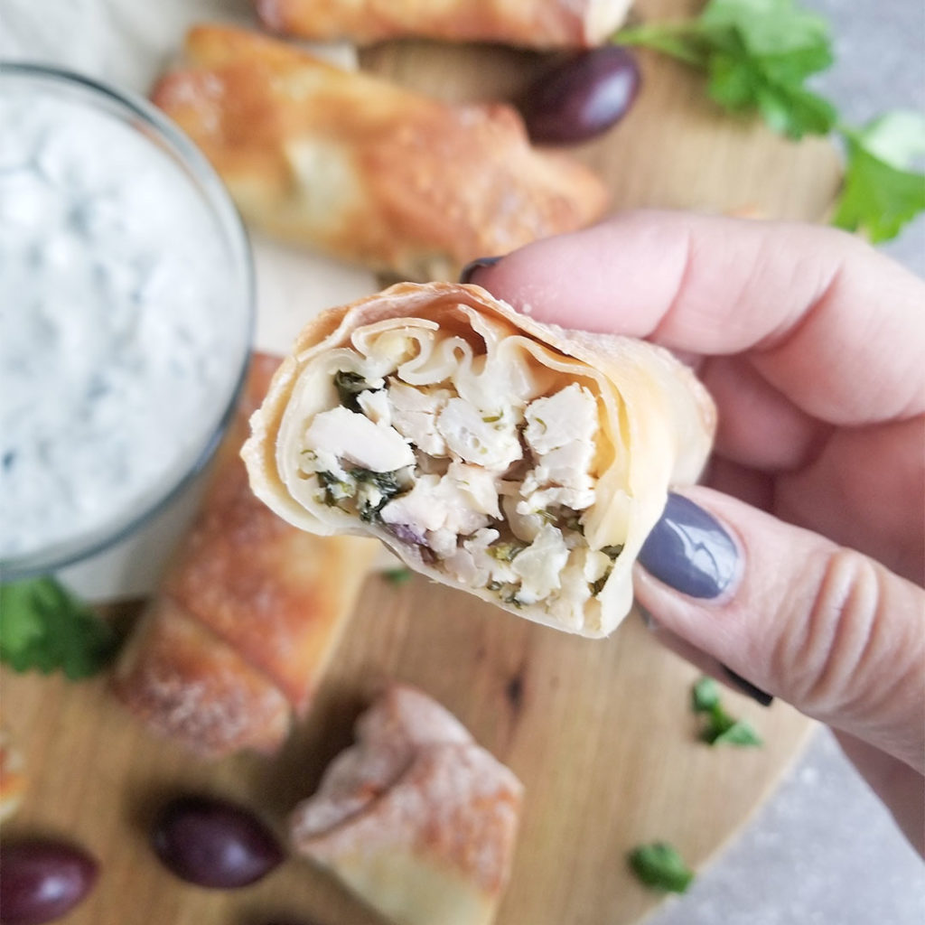 Mediterranean Inspired Egg Rolls with tzatziki sauce on the side