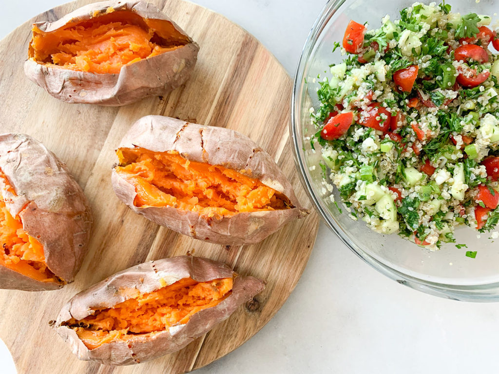 baked sweet potatoes and tabouli