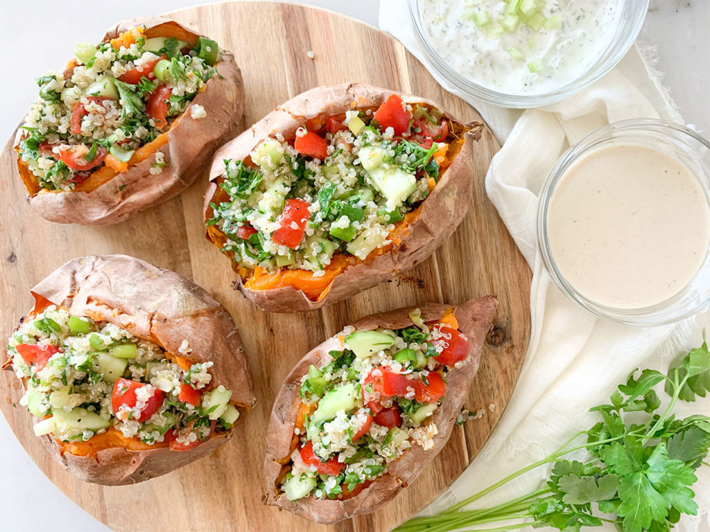 baked sweet potatoes stuffed with tabouli