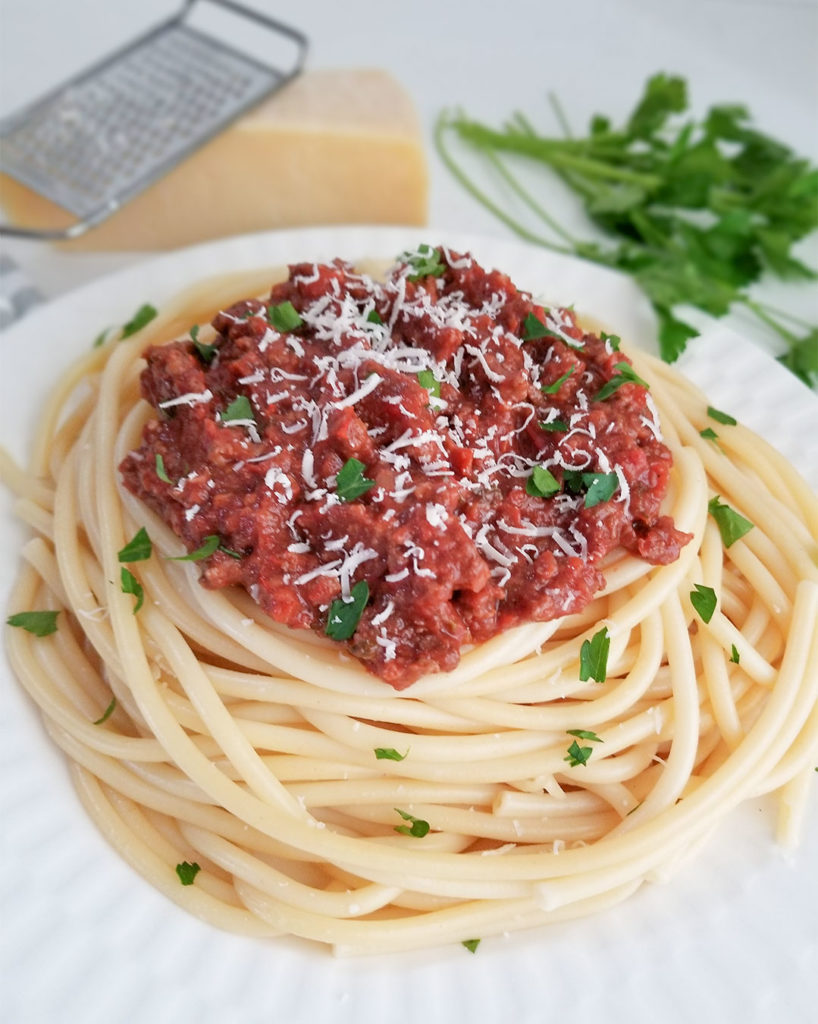 Pasta with Greek Meat Sauce on a plate