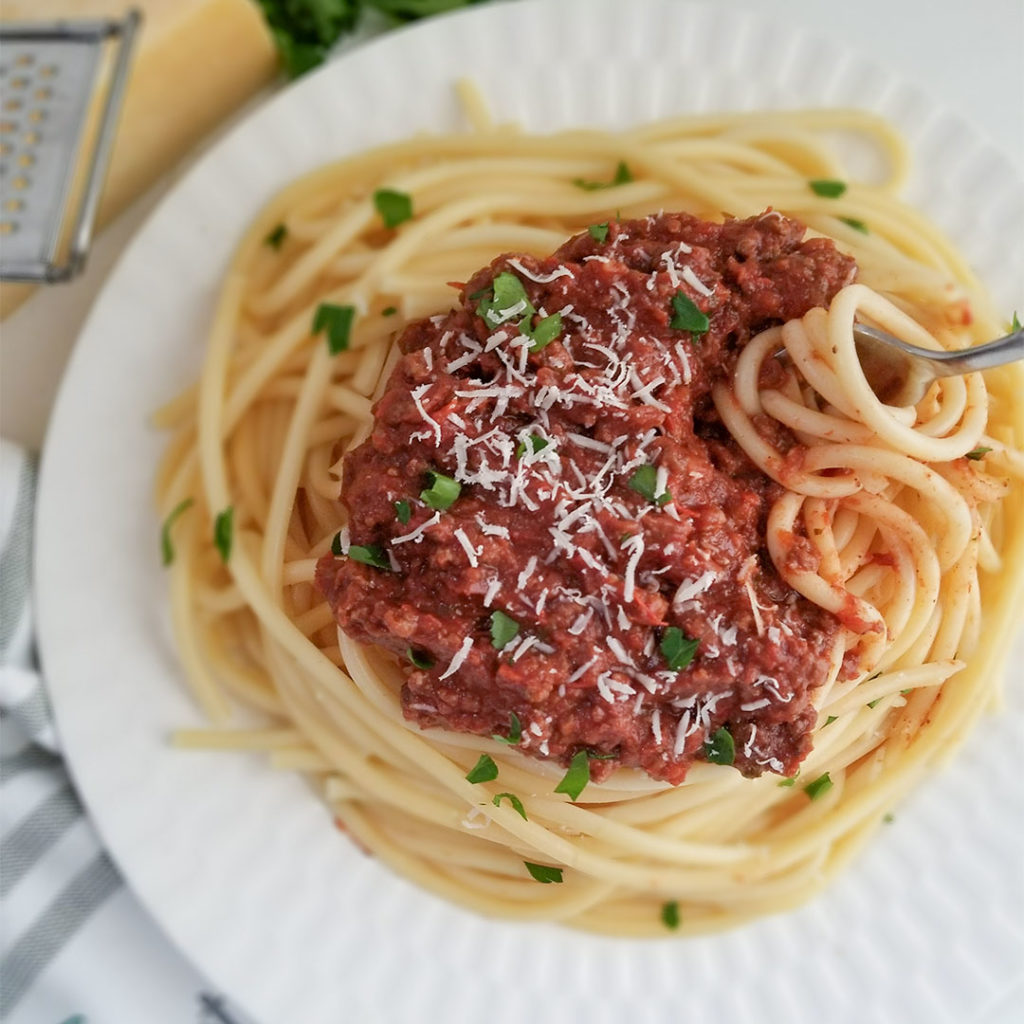 Pasta with Greek Meat Sauce on a plate