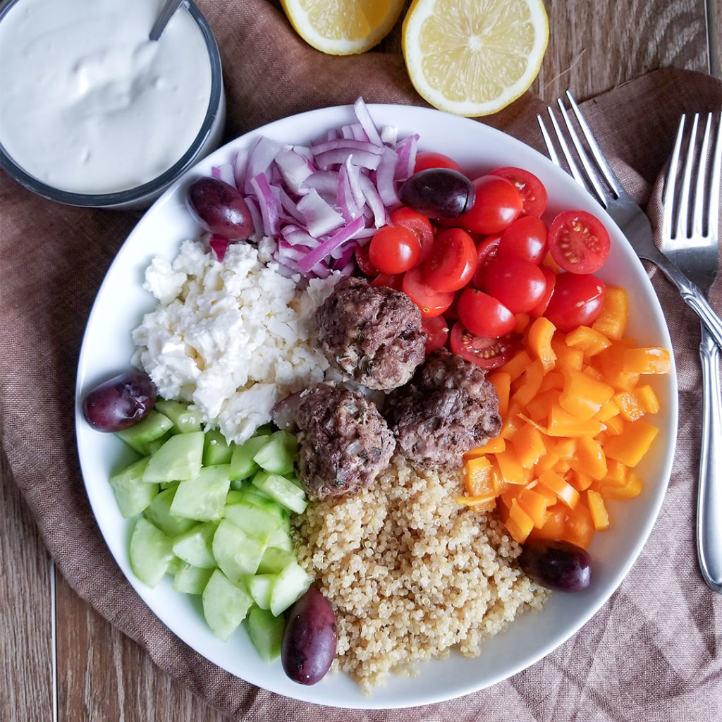 Lamb Meatball Quinoa Bowl with tzatziki on the side