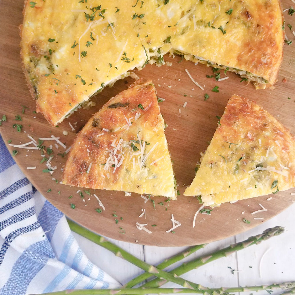 Crustless Asparagus Feta Quiche on a cutting board