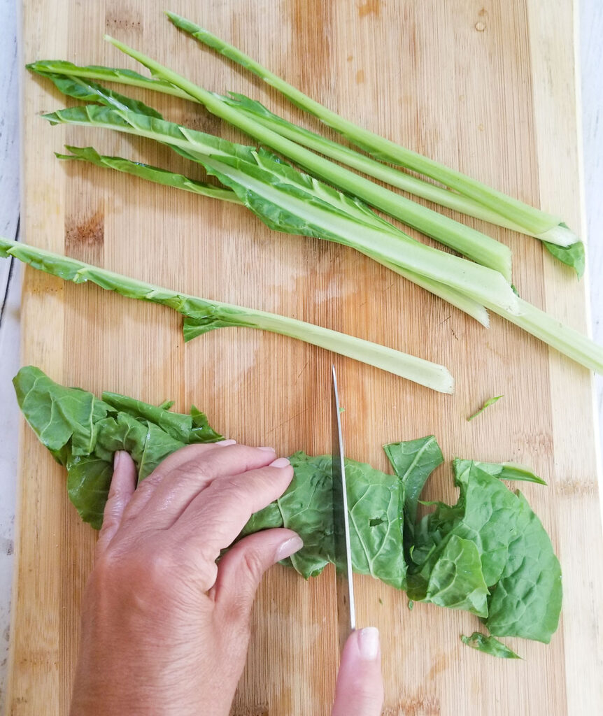 Slicing chard into ribbons