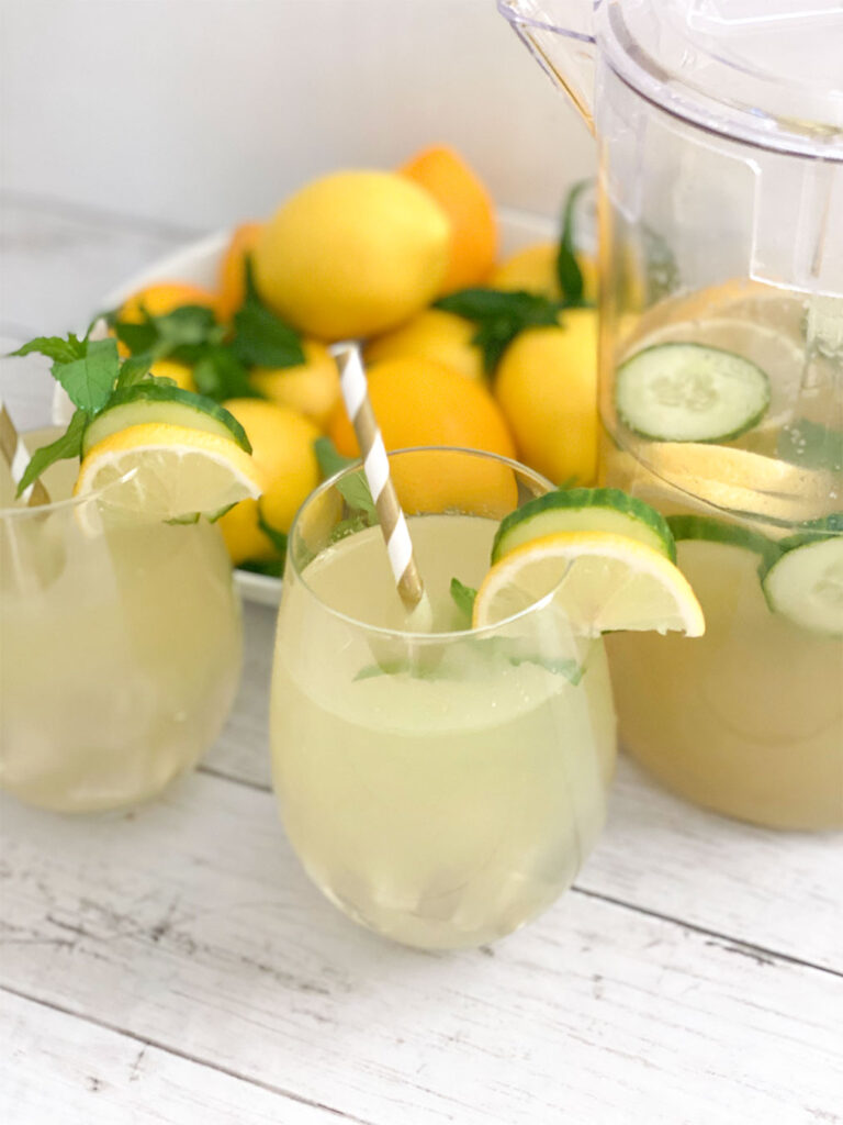 Cucumber Mint Lemonade in a pitcher and in glasses