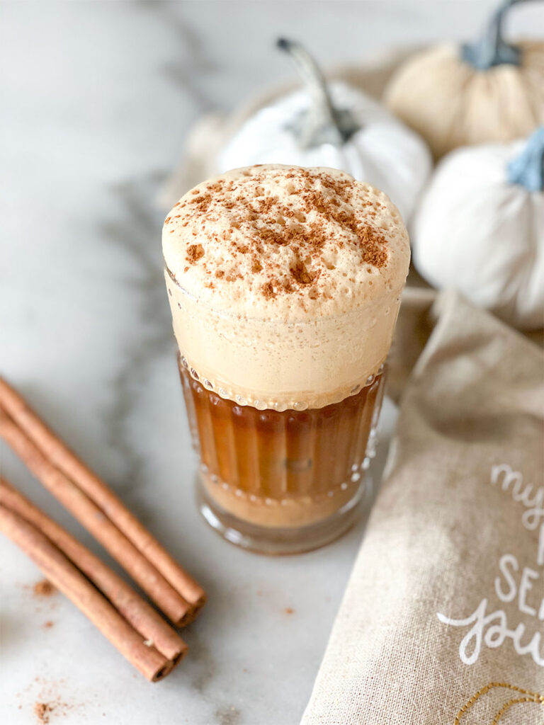 iced pumpkin spice frappe with cinnamon on top