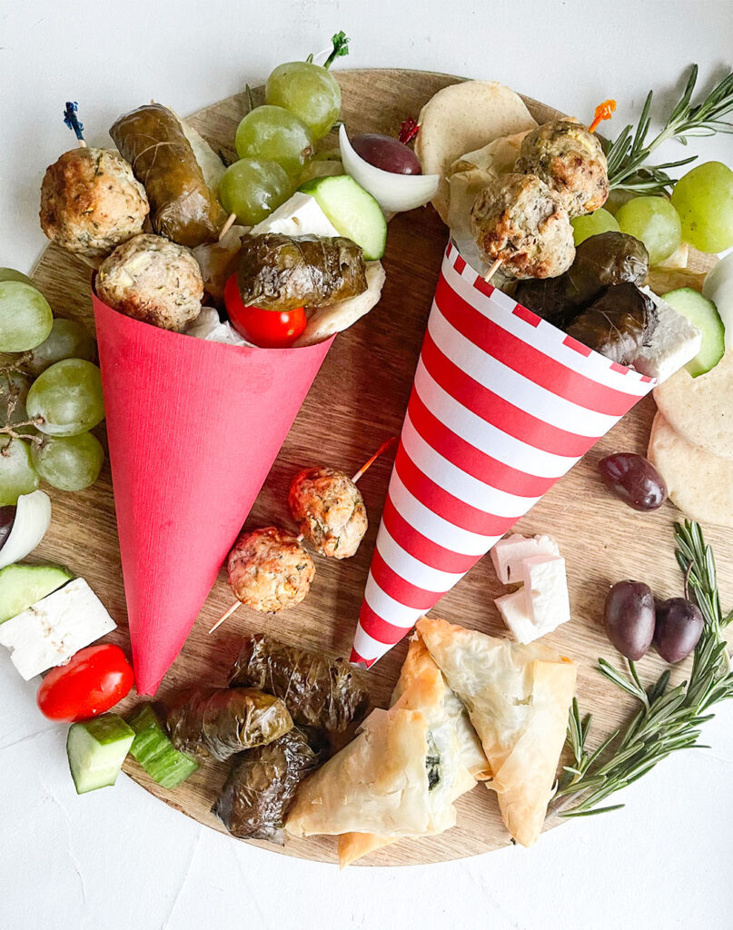 mediterranean appetizers in a paper cone
