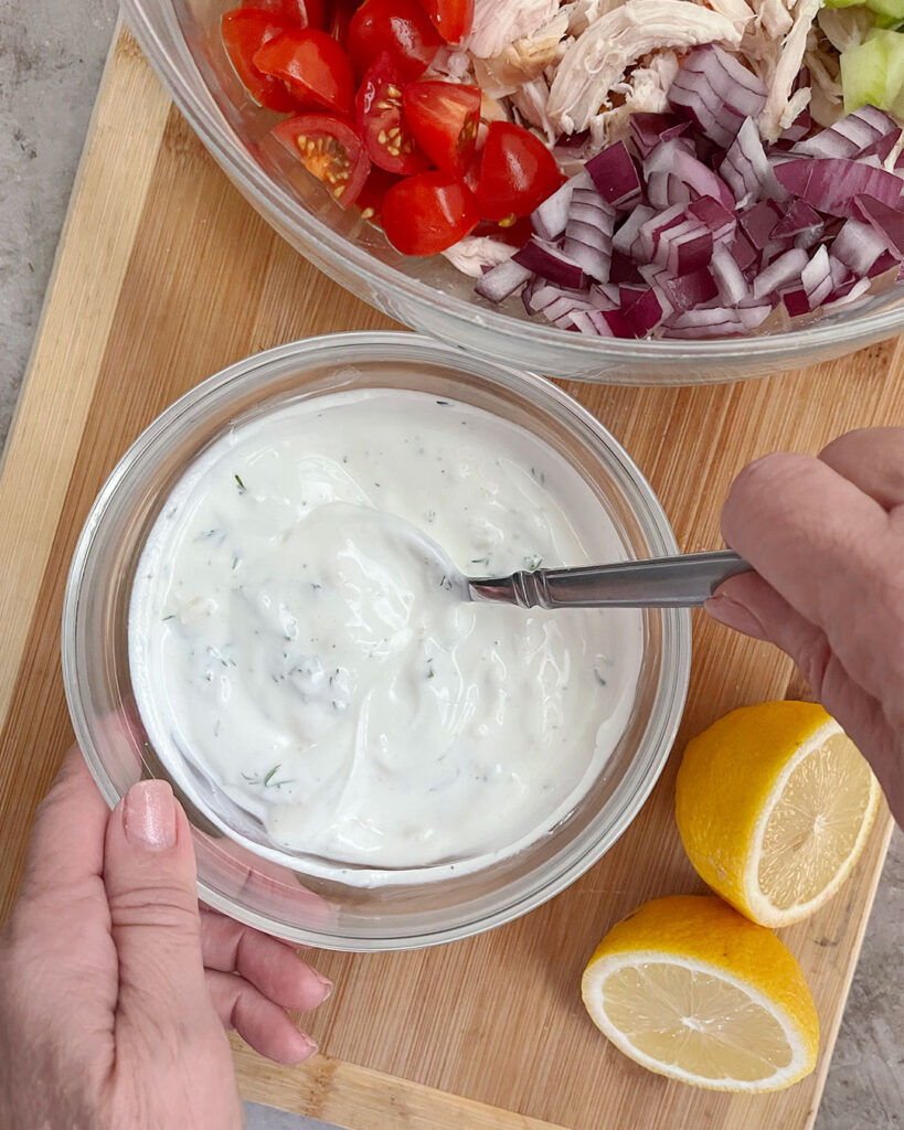 Dressing made from Greek yogurt, lemon, garlic, dill salt and pepper.