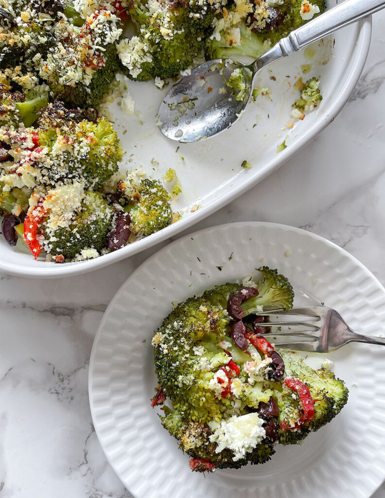 Mediterranean baked broccoli casserole in a dish