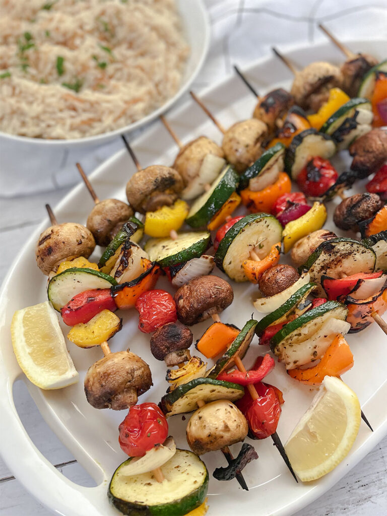 grilled vegetable skewers with rice pilaf